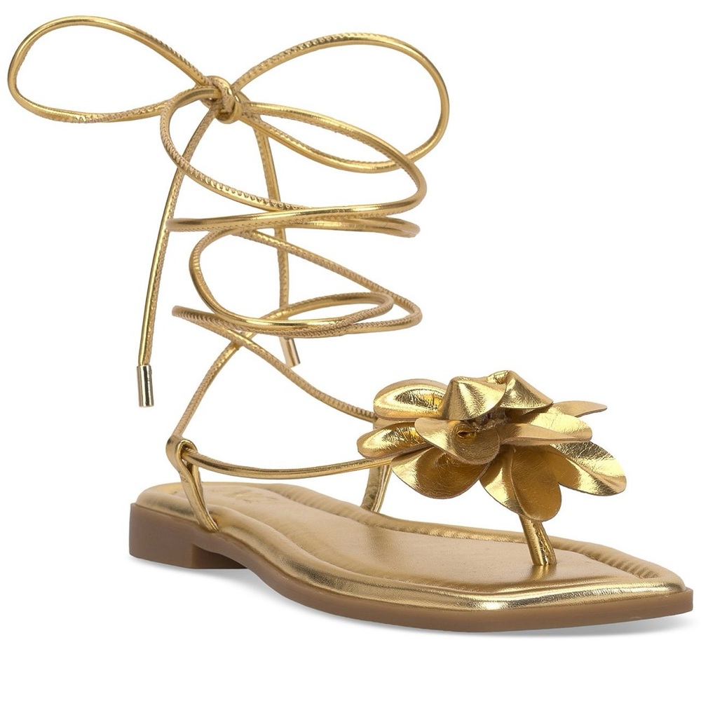 STUNNING FLAT GOLD FLORAL GLADIATOR SANDALS - Picture 7 of 8